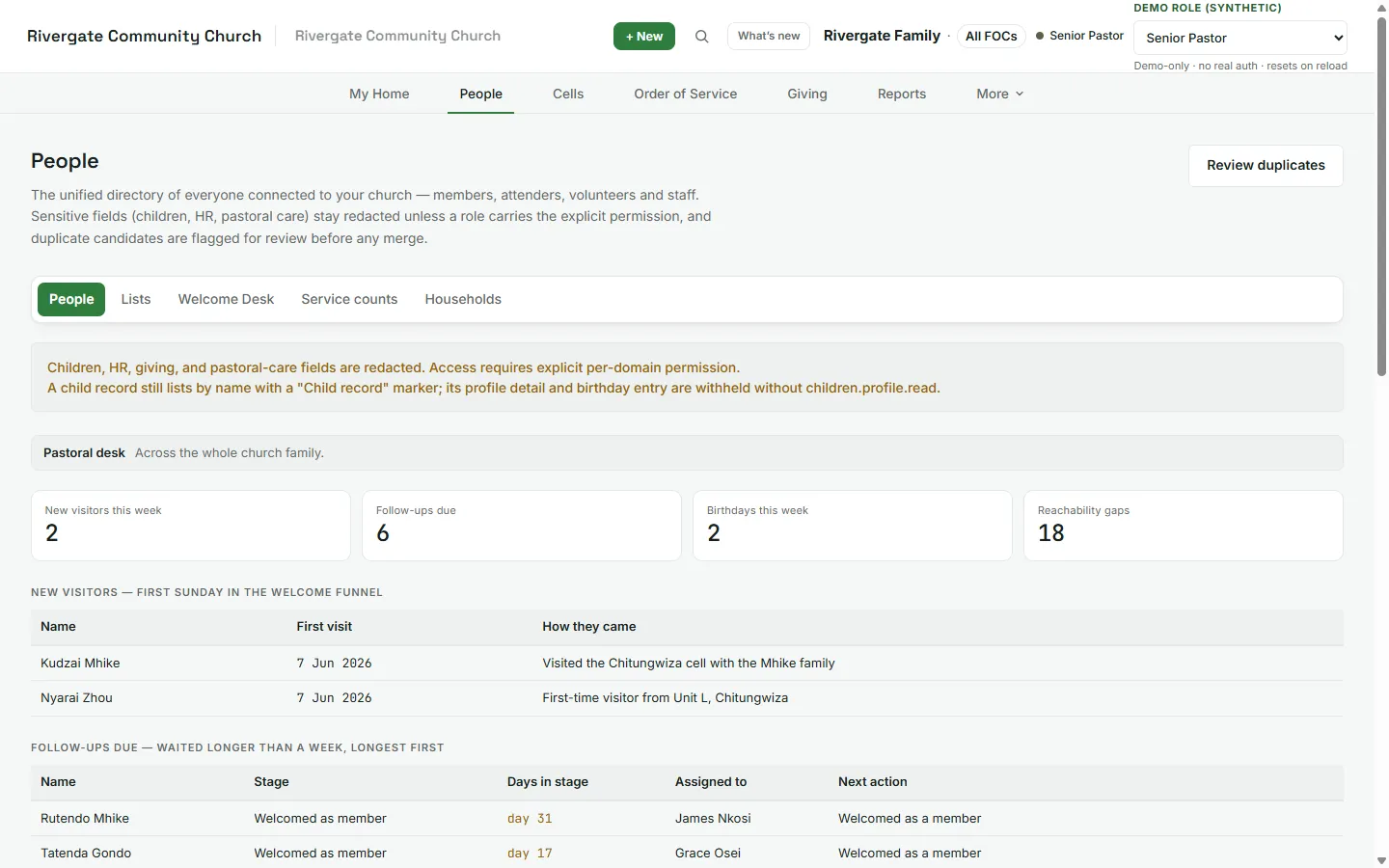 ChurchOS people module — unified directory with redacted sensitive fields and duplicate-review flags